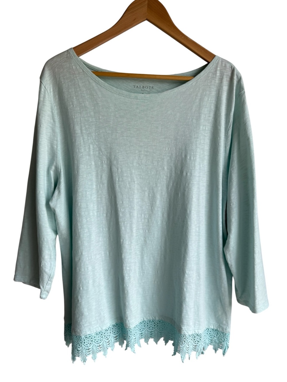 Talbots 100% Cotton Crochet Trim Top XL Baby Blue 3/4 Sleeve Casual Spring Shirt